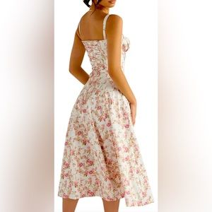A🌹 Pink and White Midi Maxi Dress Size Large Roses Sundress Strings Beautiful